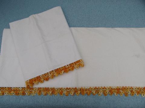 photo of vintage cotton pillowcases w/ tatting, wide tatted lace in oranges #1