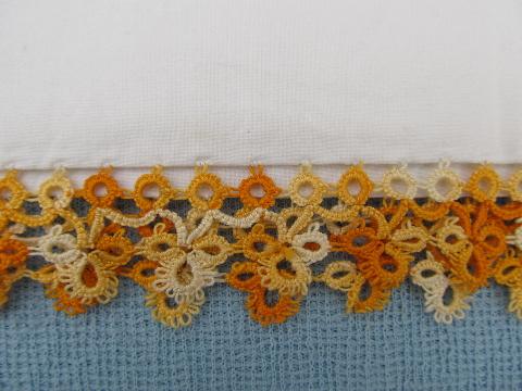 photo of vintage cotton pillowcases w/ tatting, wide tatted lace in oranges #2