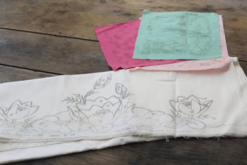 catalog photo of vintage cotton pillowcases to applique & embroider, stamped design & pieces printed fabric