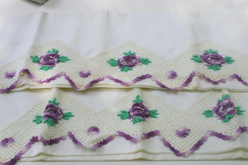 photo of vintage cotton pillowcases w/ wide lace border, crochet edging w/ purple flowers #1