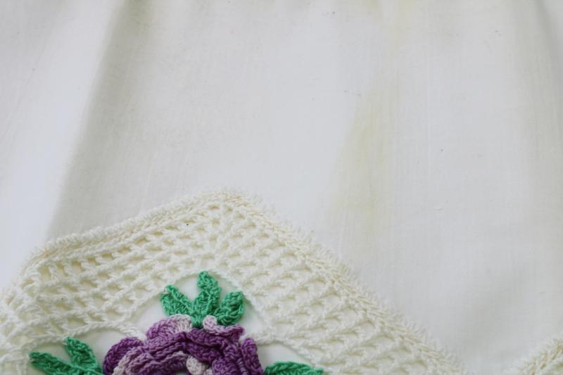 photo of vintage cotton pillowcases w/ wide lace border, crochet edging w/ purple flowers #3