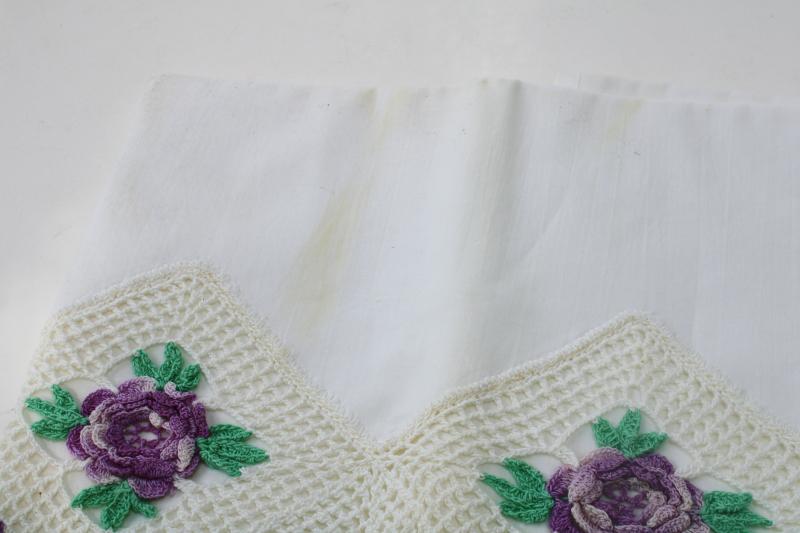 photo of vintage cotton pillowcases w/ wide lace border, crochet edging w/ purple flowers #5