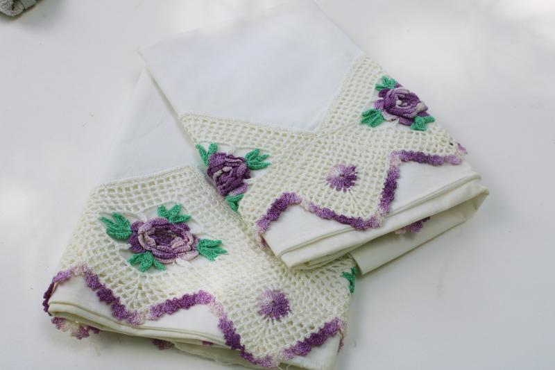 photo of vintage cotton pillowcases w/ wide lace border, crochet edging w/ purple flowers #6