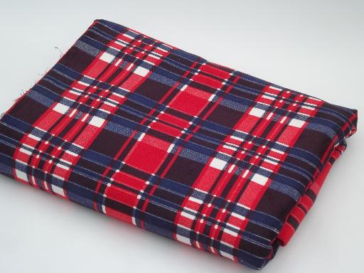 photo of vintage cotton pin cord fabric, red & blue plaid print corduroy fabric #1