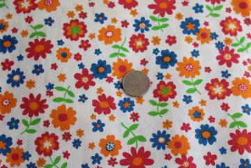 catalog photo of vintage cotton pique fabric, bright summer flowers print on white