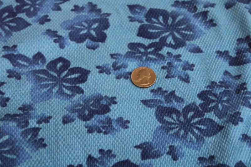 photo of vintage cotton pique knit fabric, tiki tropical flowers print in blues #1