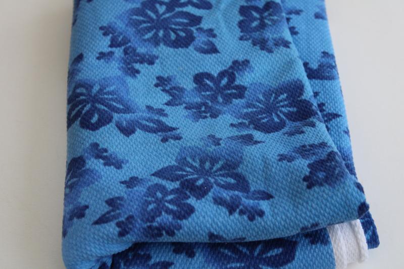 photo of vintage cotton pique knit fabric, tiki tropical flowers print in blues #4