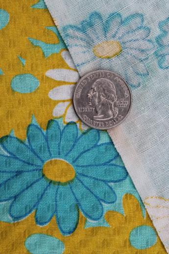 photo of vintage cotton plisse crinkle texture fabric, white & yellow daisy print on aqua blue #3