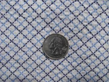 catalog photo of vintage cotton plisse fabric, checked print in sky and navy blue on white