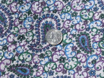 catalog photo of vintage cotton plisse fabric, retro paisley in jade, blue, lavender