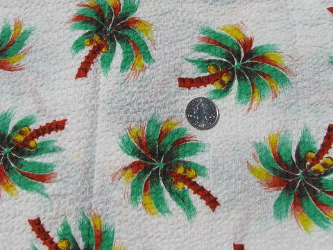 photo of vintage cotton plisse fabric, summer tropical palm trees print #1