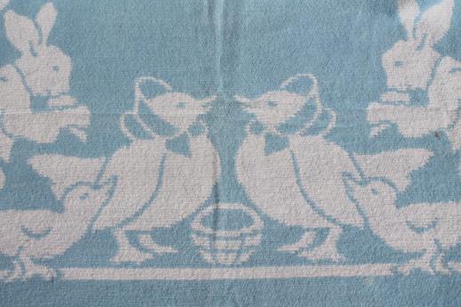 photo of vintage cotton plush baby blanket, reversible bunnies & ducks in blue & white #3