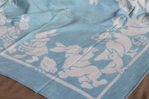 photo of vintage cotton plush baby blanket, reversible bunnies & ducks in blue & white #4