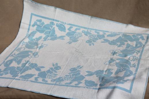 photo of vintage cotton plush baby blanket, reversible bunnies & ducks in blue & white #5