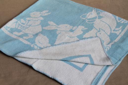 photo of vintage cotton plush baby blanket, reversible bunnies & ducks in blue & white #7