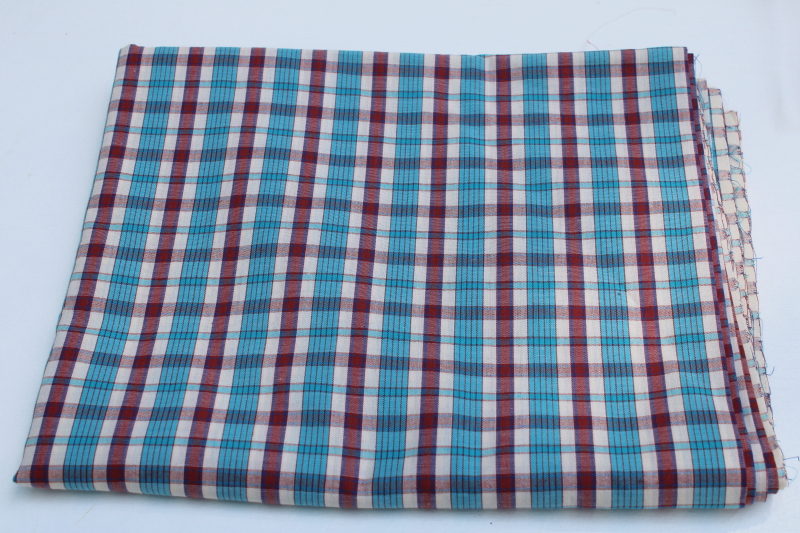 photo of vintage cotton poly blend shirting fabric, summer plaid red, white, aqua blue #1