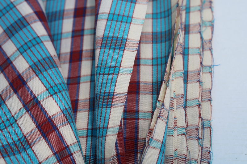 photo of vintage cotton poly blend shirting fabric, summer plaid red, white, aqua blue  #2