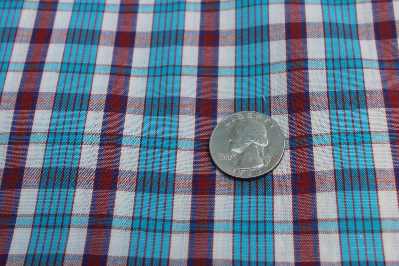 photo of vintage cotton poly blend shirting fabric, summer plaid red, white, aqua blue  #3