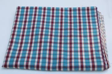 catalog photo of vintage cotton poly blend shirting fabric, summer plaid red, white, aqua blue 