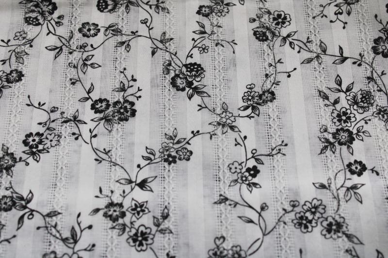 photo of vintage cotton poly fabric w/ black & white floral print, open weave stripe shirting #1