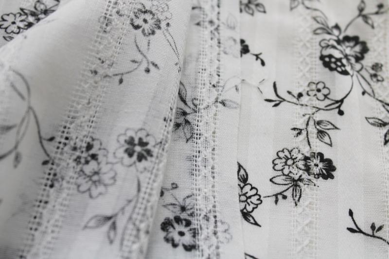 photo of vintage cotton poly fabric w/ black & white floral print, open weave stripe shirting #2