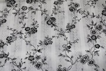 catalog photo of vintage cotton poly fabric w/ black & white floral print, open weave stripe shirting