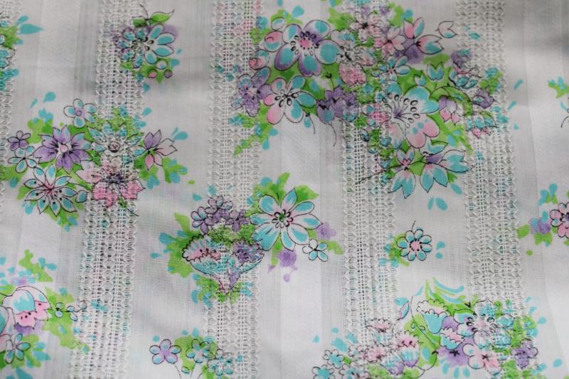 photo of vintage cotton poly fabric w/ retro floral print, open weave stripe shirting #1