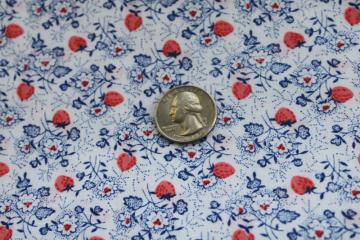 catalog photo of vintage cotton poly fabric, strawberry fields tiny print red & blue on white