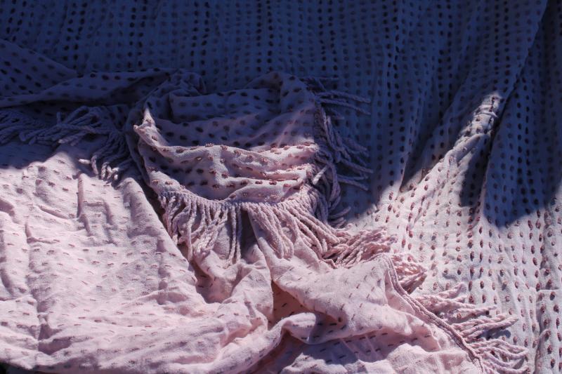 photo of vintage cotton popcorn tufted chenille bedspread, faded lavender lilac color #7