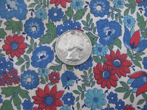 photo of vintage cotton print fabric, 36'' wide, red & blue flowers #1