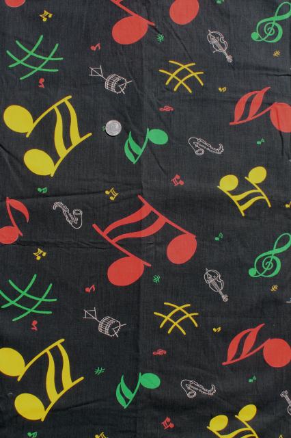 photo of vintage cotton print fabric, 36 wide x 6 yds big bright music notes & jazz band instruments #1