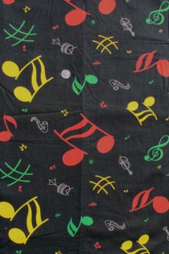 catalog photo of vintage cotton print fabric, 36 wide x 6 yds big bright music notes & jazz band instruments