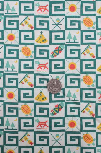 photo of vintage cotton print fabric w/ camp scout badge motifs, retro Indian theme designs #1