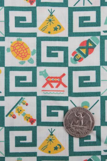 photo of vintage cotton print fabric w/ camp scout badge motifs, retro Indian theme designs #2