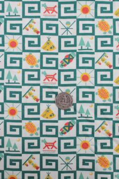 catalog photo of vintage cotton print fabric w/ camp scout badge motifs, retro Indian theme designs