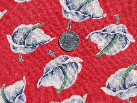 photo of vintage cotton print feed sack fabric, deco lilies on red #1