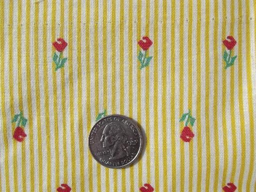 photo of vintage cotton print feedsack fabric, yellow stripe w/ red & green tulips #1