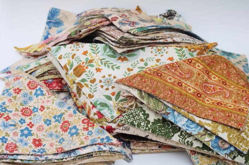 photo of vintage cotton print patchwork quilt block pieces, hand stitched triangles double-sided #1