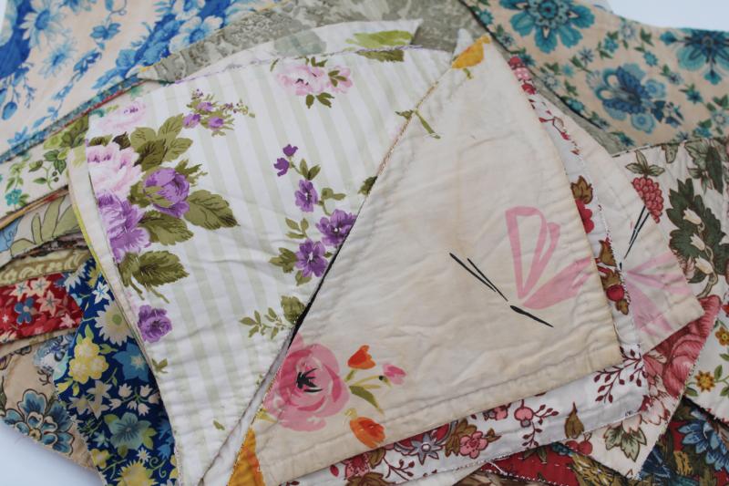 photo of vintage cotton print patchwork quilt block pieces, hand stitched triangles double-sided #10