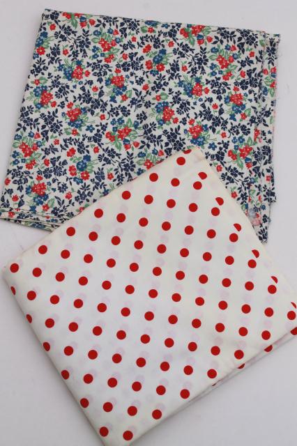 photo of vintage cotton print quilting fabric lot, red & blue flowers, red polka dots #1