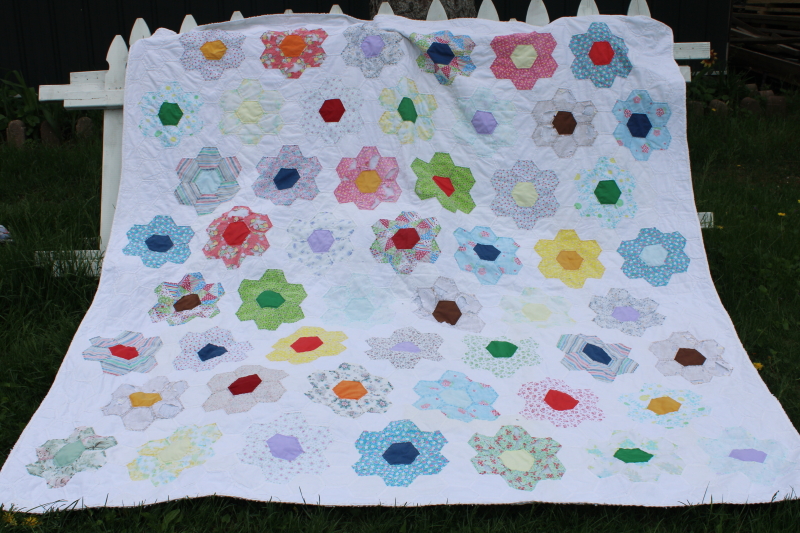 photo of vintage cotton prints Grandmothers flower garden hexies shabby quilt for upcycle fabric #1