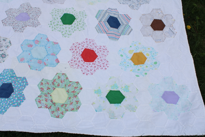 photo of vintage cotton prints Grandmothers flower garden hexies shabby quilt for upcycle fabric #2