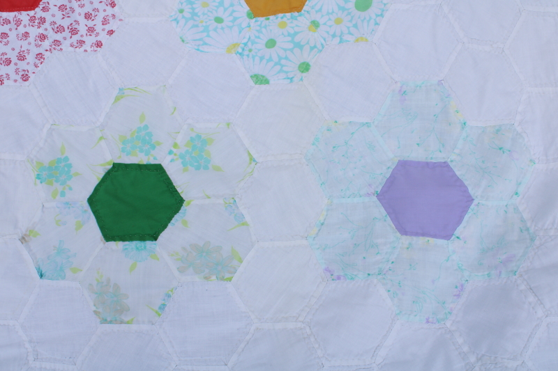 photo of vintage cotton prints Grandmothers flower garden hexies shabby quilt for upcycle fabric #4