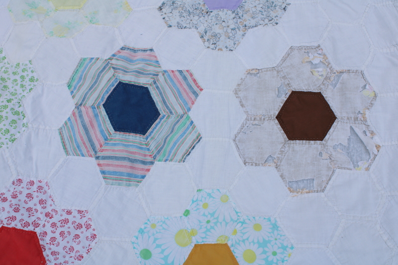 photo of vintage cotton prints Grandmothers flower garden hexies shabby quilt for upcycle fabric #5