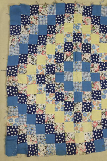 photo of vintage cotton prints postage stamp patchwork mini quilt or large block, hand stitched #2