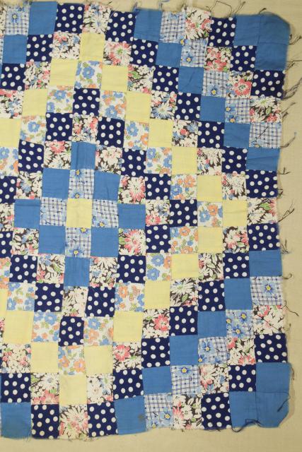 photo of vintage cotton prints postage stamp patchwork mini quilt or large block, hand stitched #3