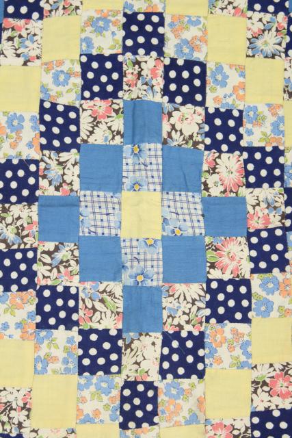 photo of vintage cotton prints postage stamp patchwork mini quilt or large block, hand stitched #4