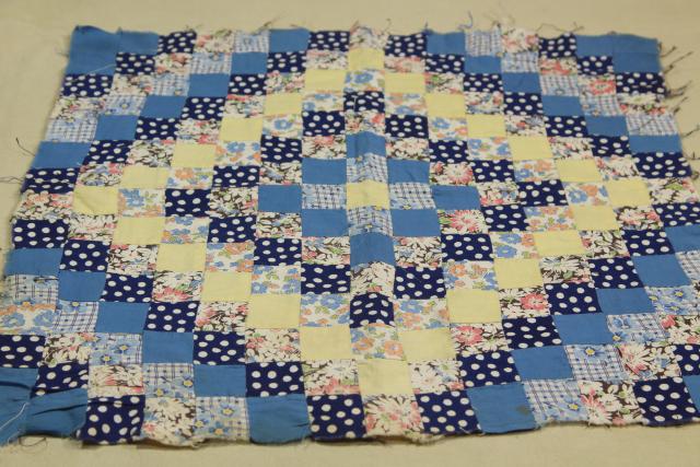 photo of vintage cotton prints postage stamp patchwork mini quilt or large block, hand stitched #6