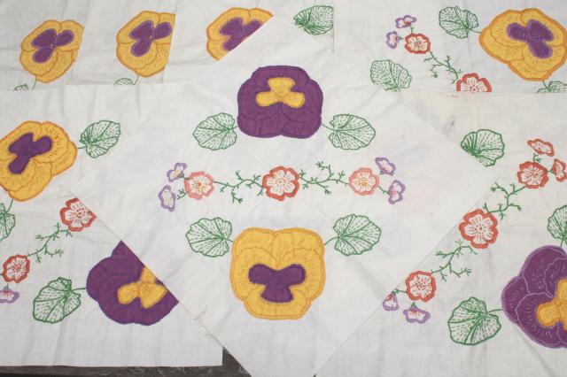 photo of vintage cotton quilt blocks, applique embroidered pansy flowers in lavender & yellow #1