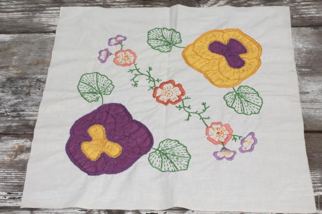 photo of vintage cotton quilt blocks, applique embroidered pansy flowers in lavender & yellow #3